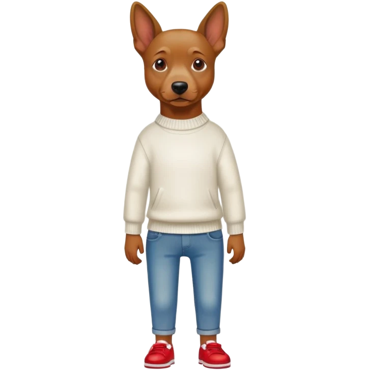 Brown dog standing upright with hands in jean pockets, wearing a white sweater and red shoes emoji