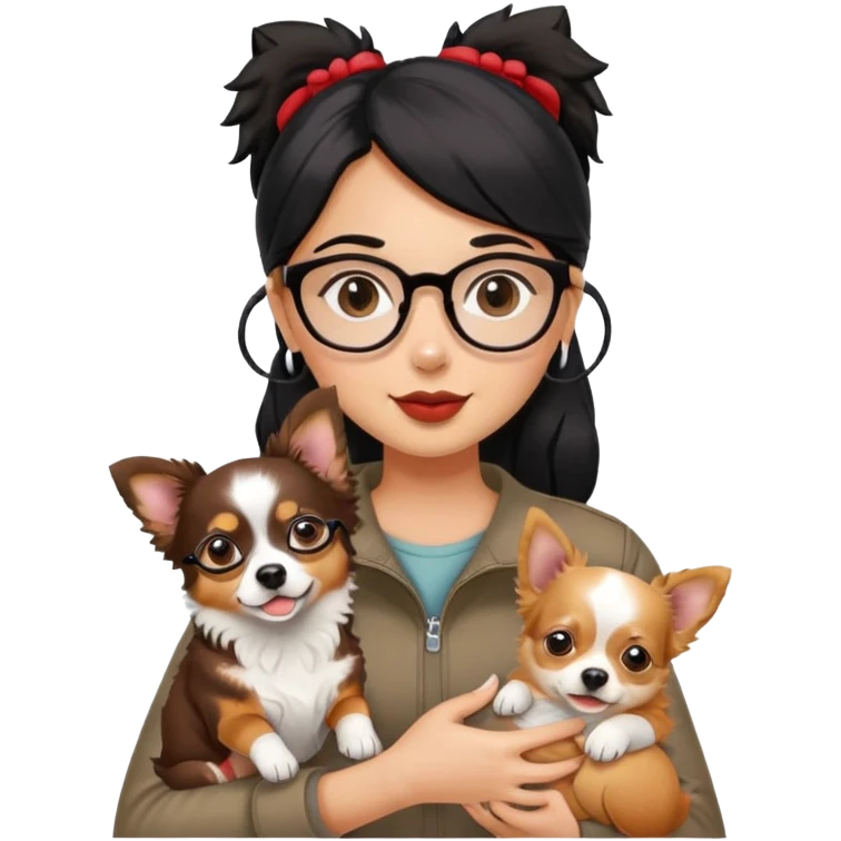 A black hair girl with glasses is holding two dogs. One dog is a red Merle color mini Australian shepherd and the other dog is a small golden color mixture of chihuahua and golden retriever  emoji