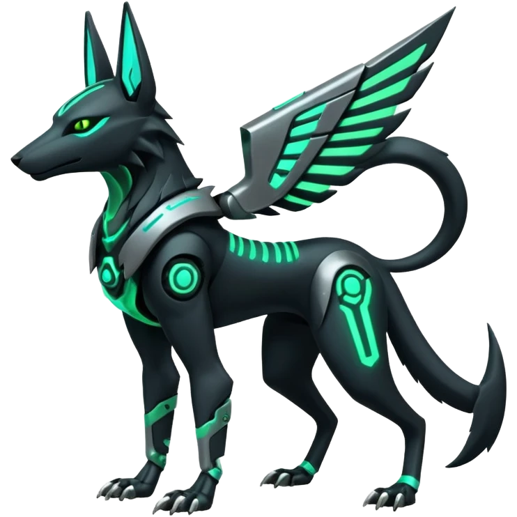 Black and green cyberpunk intricate neon glowing grey white futuristic cyborg-Anubis-Hermanubis-Zeraora-Zoroark-Luxray-fusion (full body) emoji