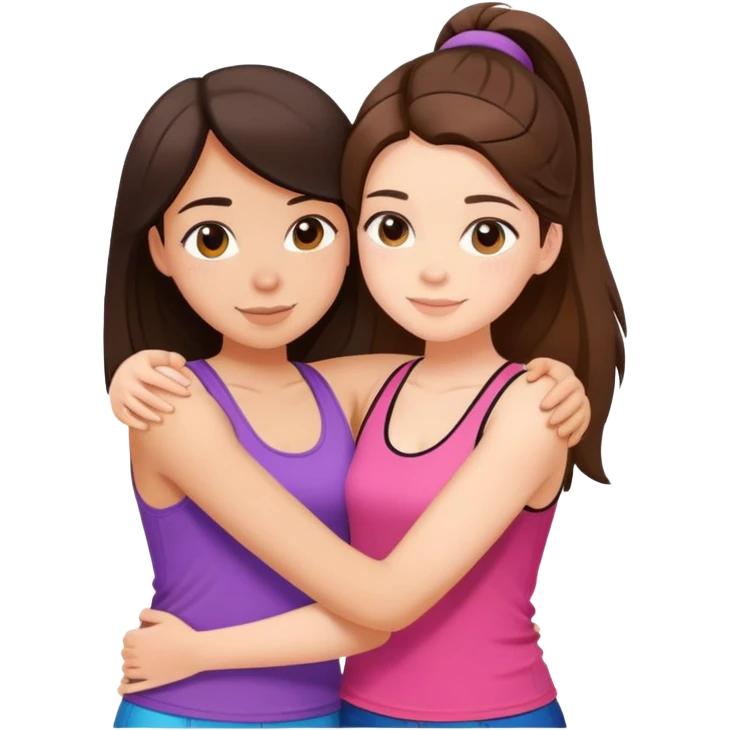 Two cute girl besties, one brunette, beautiful, hugging. Wearing different colored tank tops. They are average sized emoji