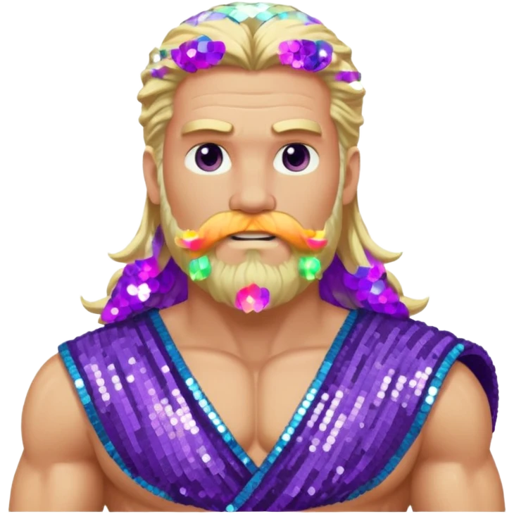 Zeus from Olympus Gods with long blonde hair and beard, purple sequin loincloth emoji
