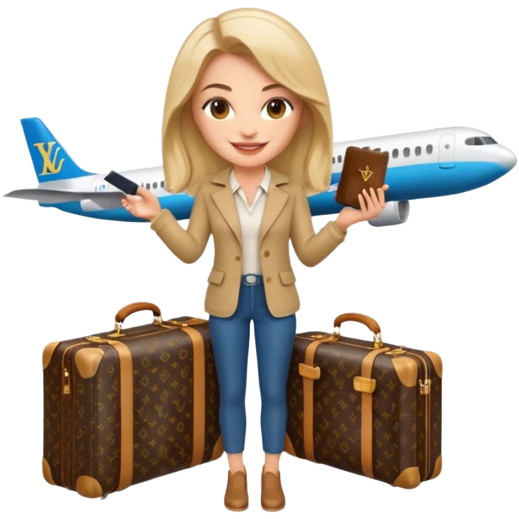 Молодая девушка-мемоджи с широкой, радостной улыбкой, в стильном casual-образе для путешествия, в руках держит паспорт и билет на самолёт, рядом модный чемодан Louis Vuitton. Гладкие волосы, модные аксессуары, минималистичный премиум-стиль Apple, чистый белый фон. emoji