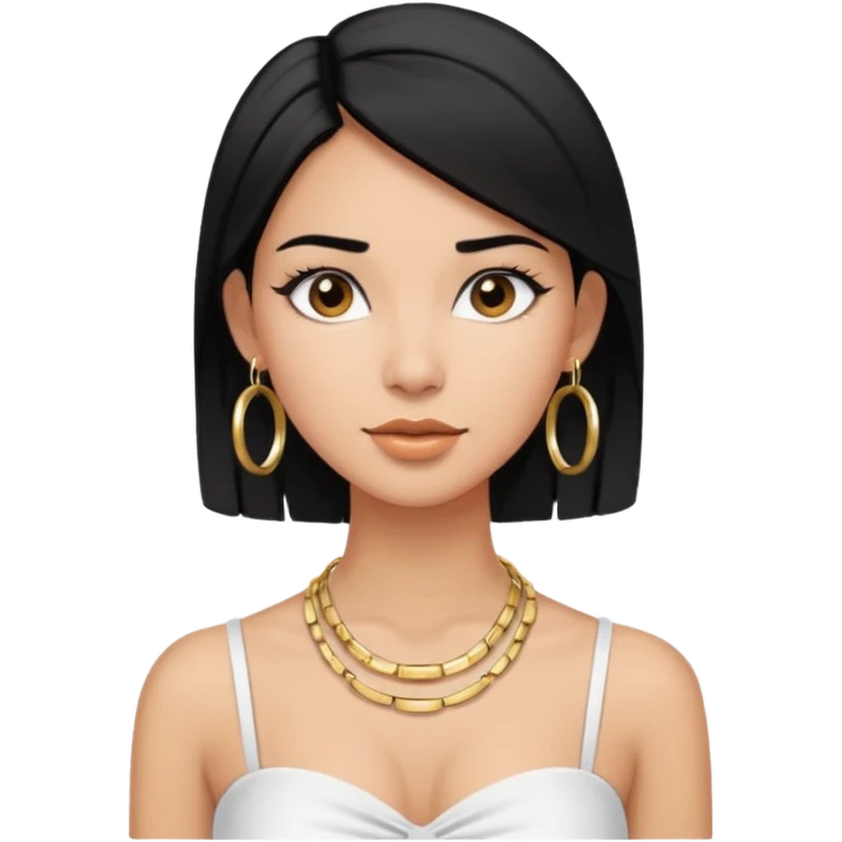 latina makeup olsun, saçları düz, halka küpeler büyük gümüş renginde olsun, kolye taksın ve beyaz bir Bandeau top kıyafet giyisin emoji