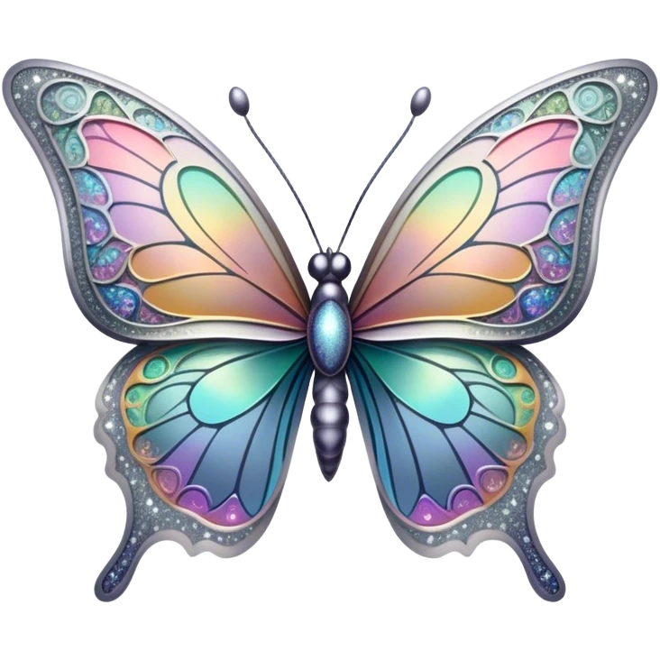 Pastel sparkly grey glittery iridescent rainbow transparent butterfly with detailed intricate patterns emoji