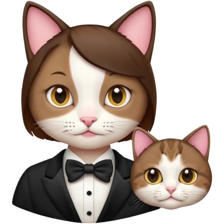 slightly more feminine woman with short brown hair and a tuxedo cat, emoji style, variation 3 emoji