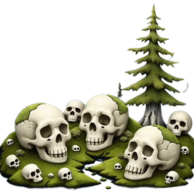 A surreal Alaskan night scape with mountains moss and moss covered trees with skulls coming out of the ground emoji