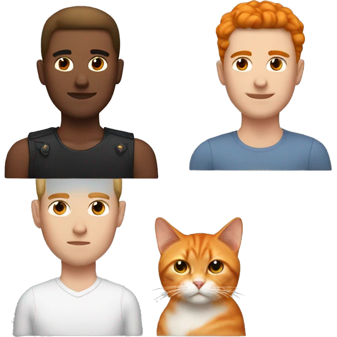 White man with brown hair and black stud earrings with an orange cat on his head emoji