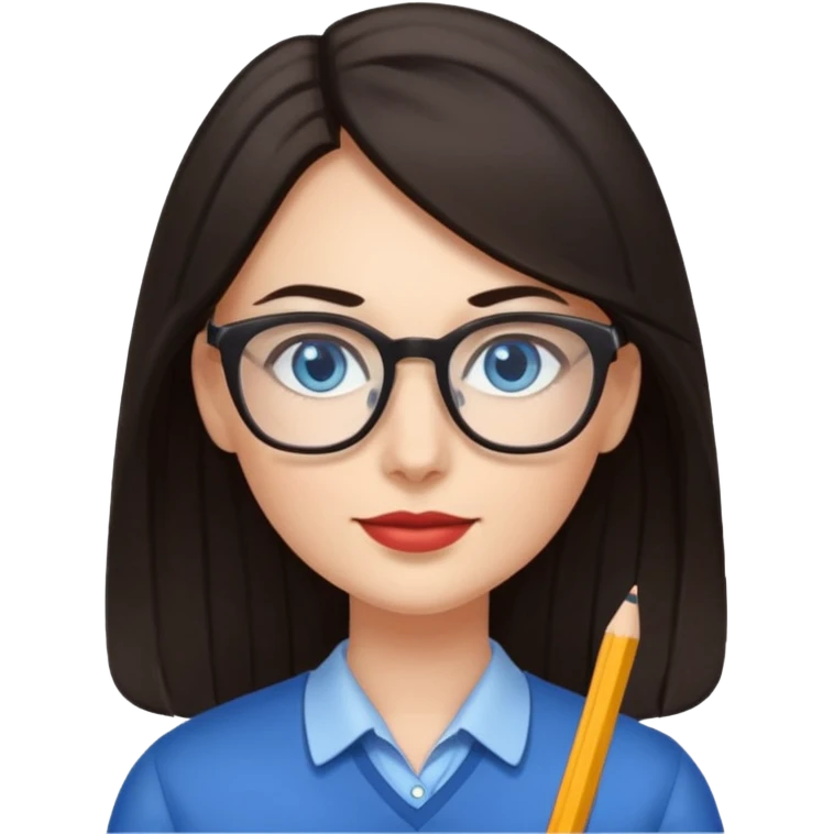 long dark hair, blue eyes, glasses teacher female emoji