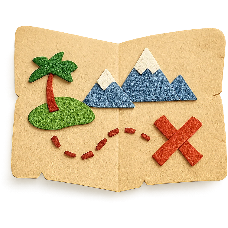 open treasure map with palm trees, mountains, and a red X, textured paper details emoji