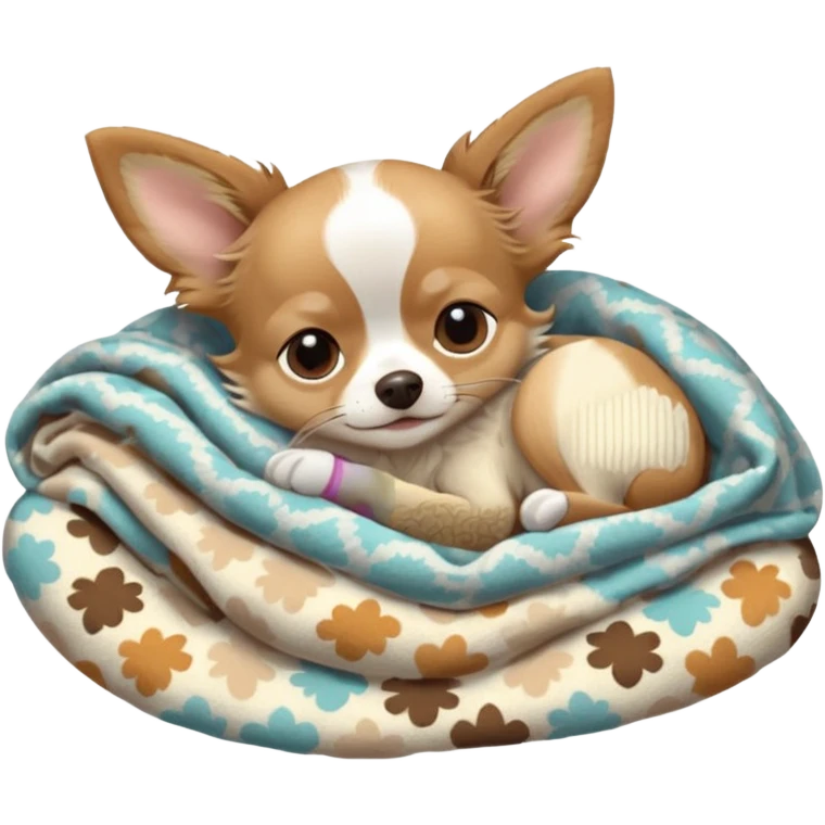 Long haired chihuahua, beige head, white chest and socks, sleeping cutely under blanket emoji