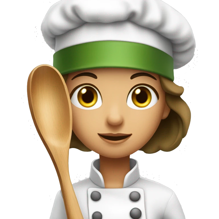 Brownhir and moss green eyes girl is a sporty girl an she is wearing a chef hat and holding a wooden spoon emoji