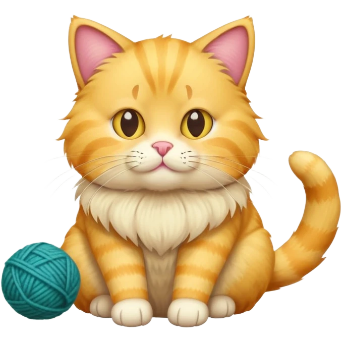 yellow cat full body sitting with a wool ball emoji