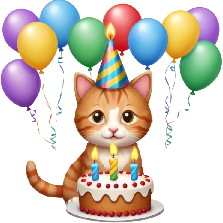 Ginger tabby kitten celebrates birthday, birthday hat, birthday cake, one candle, balloons, happy, gifts emoji