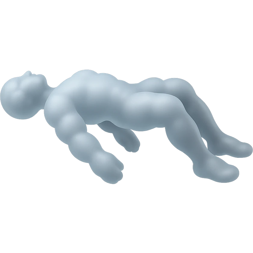 side view of unconscious person flying torso up, legs and arms down, made of small very bright white fluffy convex clouds, matte glass style emoji