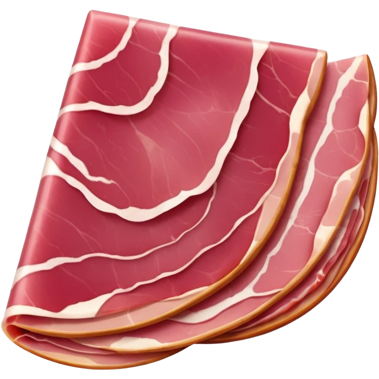 thin folded slices of cured ham two to three, deep pink to red, marbled with white fat, smooth and slightly translucent, soft curled edges, tender air-dried cut, apple emoji style, soft lighting, emoji scale emoji