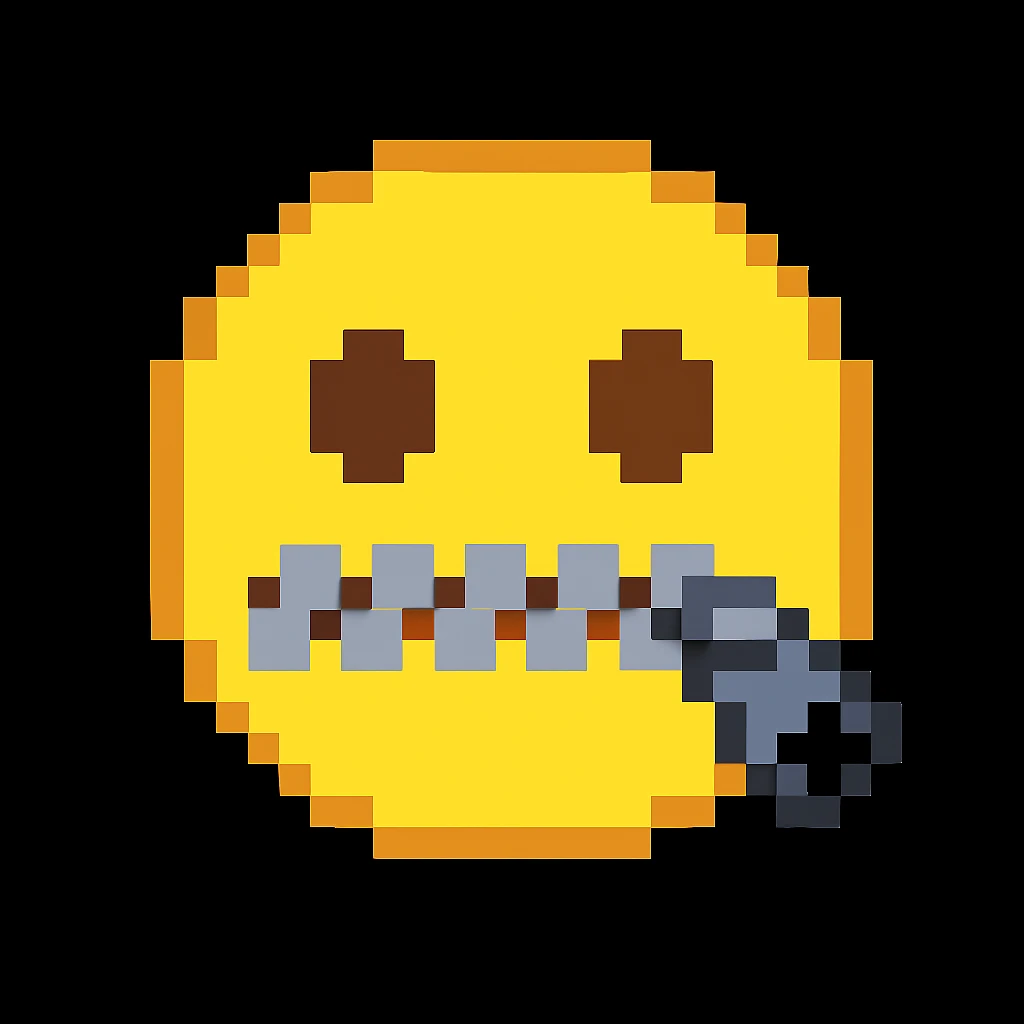 Crea una versione in stile pixel art, ispirata a questa immagine: emoji gialla con occhi semplici e bocca chiusa da una cerniera. emoji