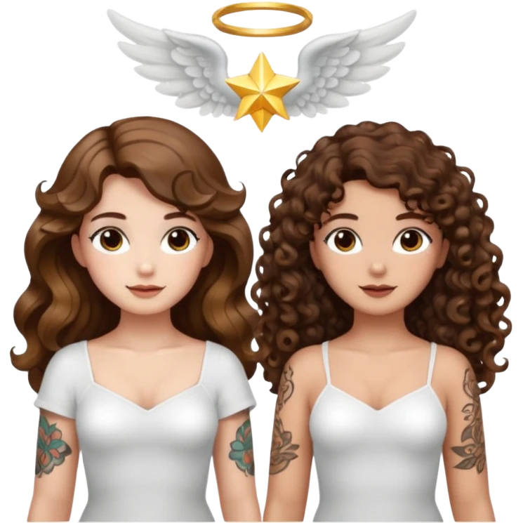 fake angel pose — long wavy brown hair tattooed woman and short tight curly brown hair woman — halo sparkle emoji