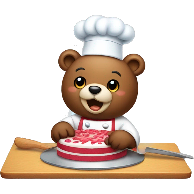 a bear chef slicing a cake on a cutting board  emoji