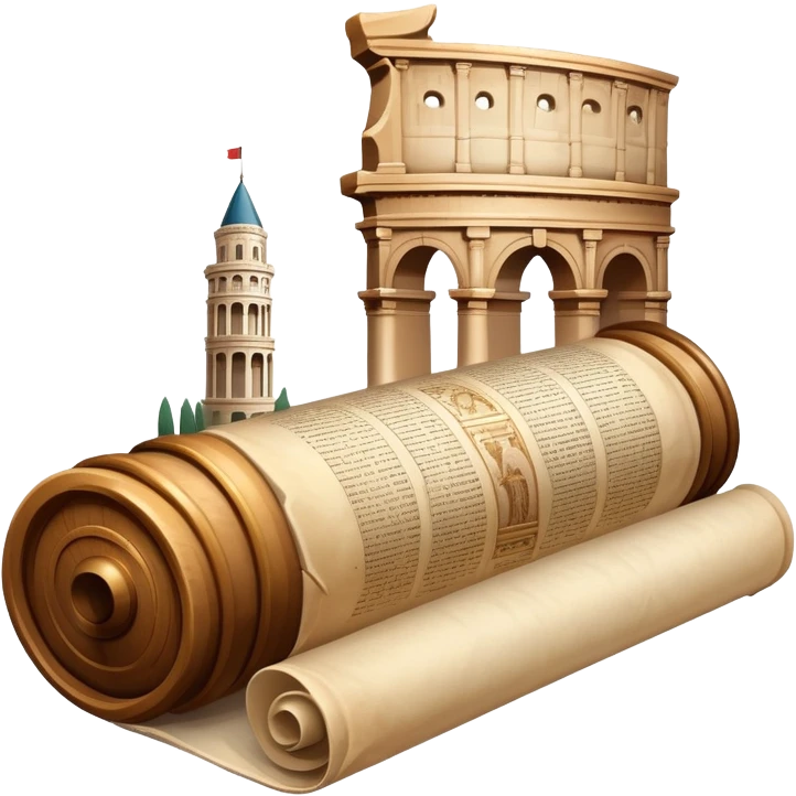 An icon featuring an ancient scroll, surrounded by famous historical landmarks and statues of notable figures, like the Colosseum or Napoleon. The design symbolizes the exploration of history through monuments and people. Transparent background highlights the pas emoji