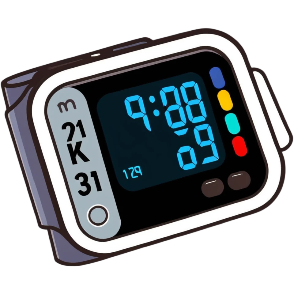 Digital blood pressure monitor showing high reading with numbers on display, hypertension emoji