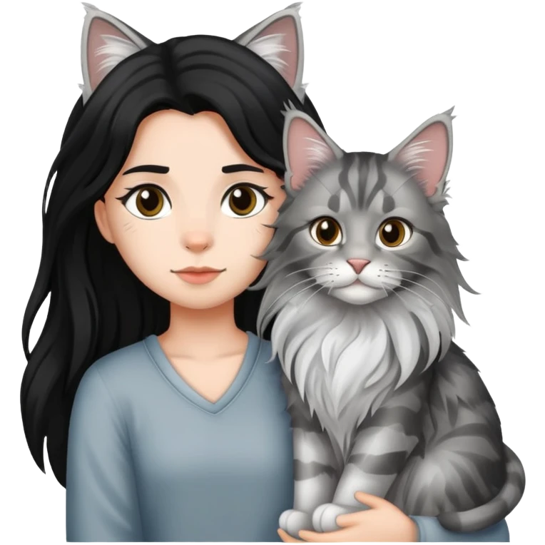 a silver based Maine Coon cat holding a black hair girl emoji