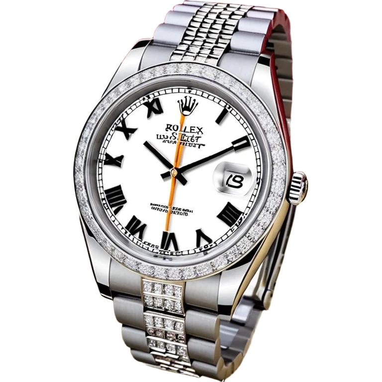 Crie um emoji com essas especificações: Um Rolex Datejust "Iced Out" prateado, totalmente coberto por diamantes na caixa, luneta e com diamantes na pulseira Jubilee. O mostrador possui fundo cravejado com diamantes (pavé), algarismos romanos pretos e lente de aumento na data. emoji