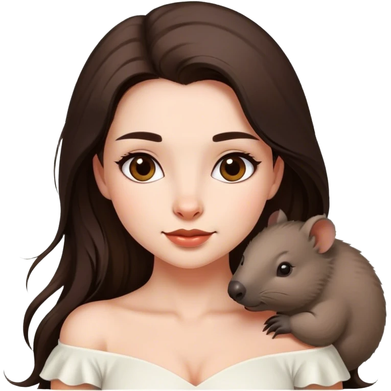 Beautiful woman in 1950’s woman fashion look, off-shoulder white dress, long dark brown hair, wombat emoji
