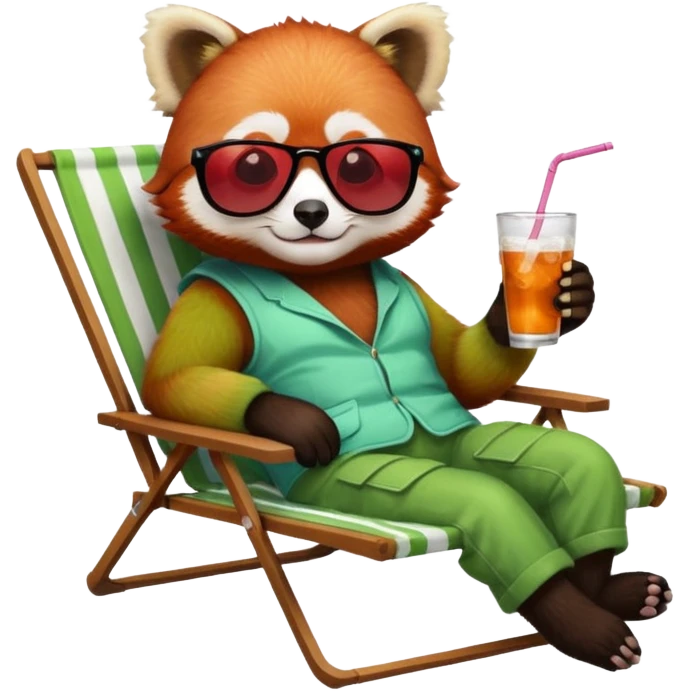 Red panda laying back on lawn chair with a drink wearing sun glasses emoji