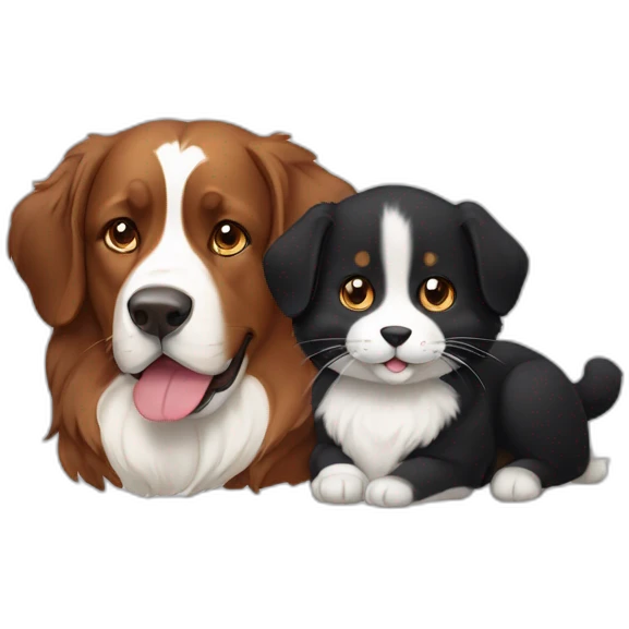 A brown and black cat without white poiles next to bernese dog emoji