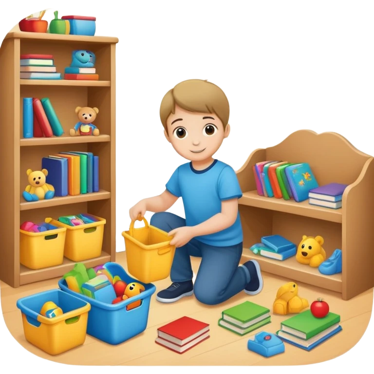 child tidying up their room, putting toys and books away, cheerful and organized emoji