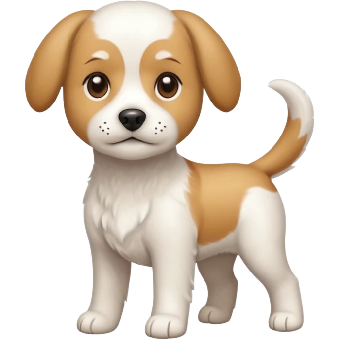 a full body white beagle x maltese x chi dog the size of a kelpie with light brown ears and a light brown patch on one eye emoji