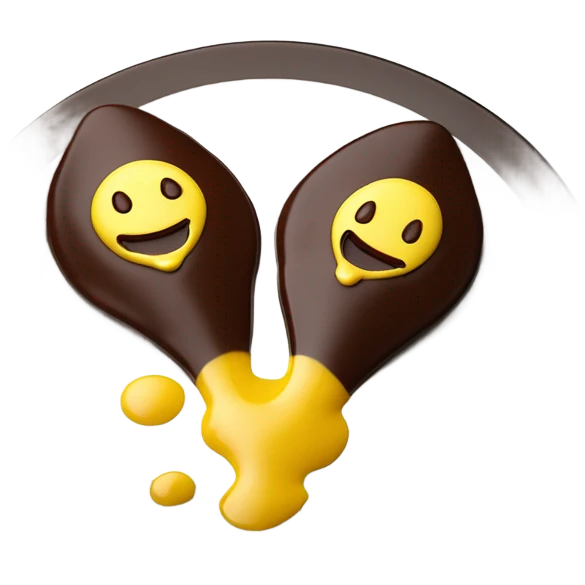 1 Chocolate quenelle and 1 vanilla quenelle on a fine dining glass plate with 3 small drops of yellow sauce as decoration emoji