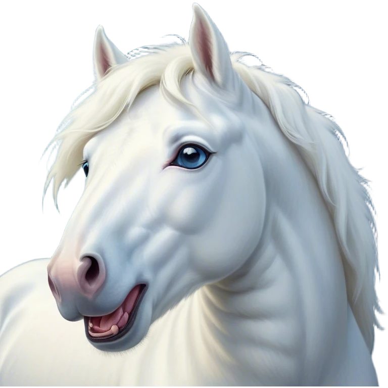Cinematic Cute Yawning White Horse Portrait Emoji, Head tilted slightly with a dramatic, wide-open yawn, revealing a soft white fur with a subtle shimmer, floppy ears slightly drooping, round blue eyes barely open in drowsy contentment, Simplified yet irresistibly adorable features, highly detailed, glowing with a soft, cozy glow, high shine, relaxed yet expressive, stylized with a touch of whimsy, bright and endearing, soft glowing outline, capturing the essence of a sleepy yet affectionate horse, so drowsy it feels like it could stretch out of the screen and curl up for a nap! emoji
