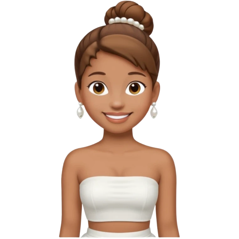 Full body, Light brown skin girl, brown hair in bun, smiling, white strapless tube top, pearl earrings emoji