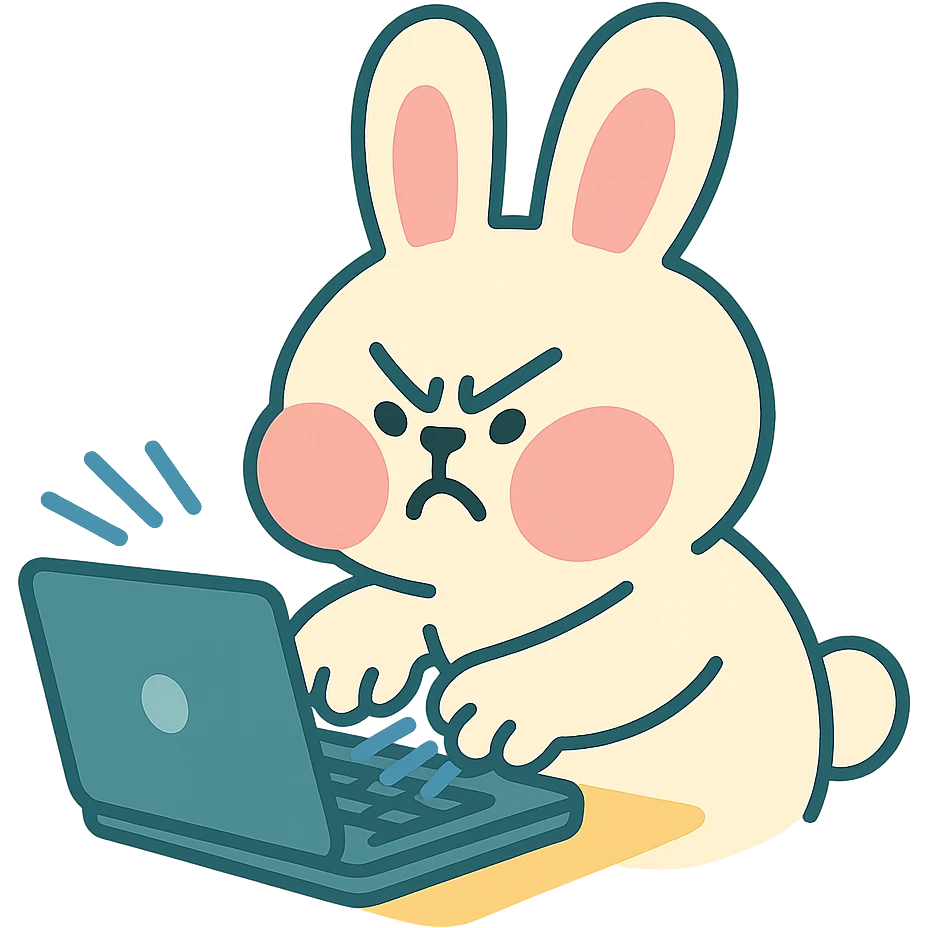 vanilla bunny typing fast, cheeks puffed, pastel-toon style emoji