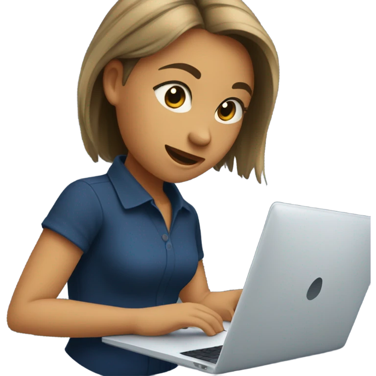 Girl IN DARK BLU SHIRT working with a laptop, NO PONY TAIL, STRAIGHT HAIR, NO NOTEBOOK emoji