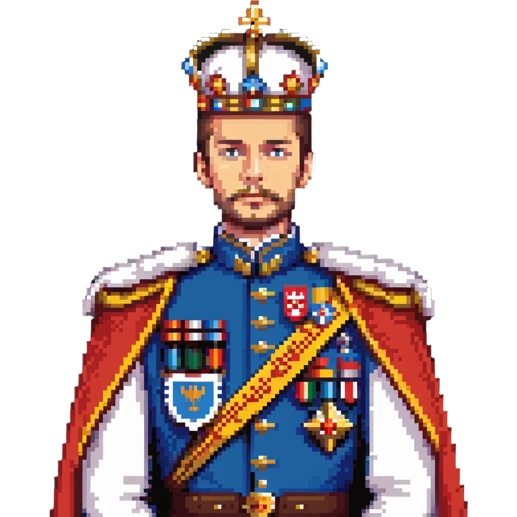 Russian Tsar with elaborate crown, decorated military uniform with medals, royal cape emoji