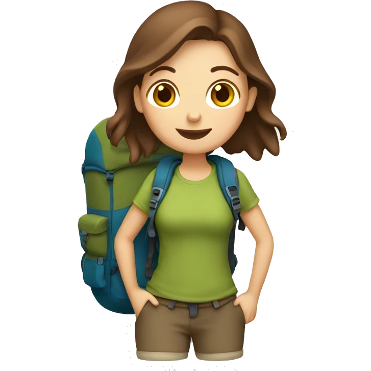 Hiking woman with brown hair and a backpack emoji