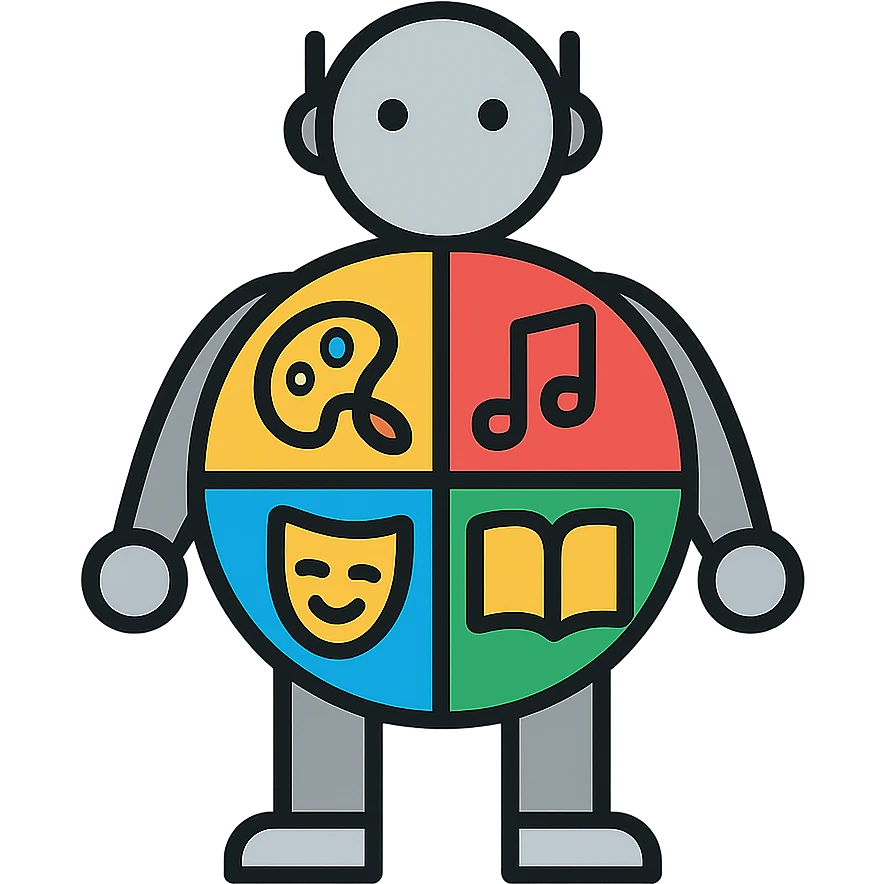 A metal humanoid figure with a circular torso divided into four colored segments, containing icons for painting, music, theater, and literature emoji