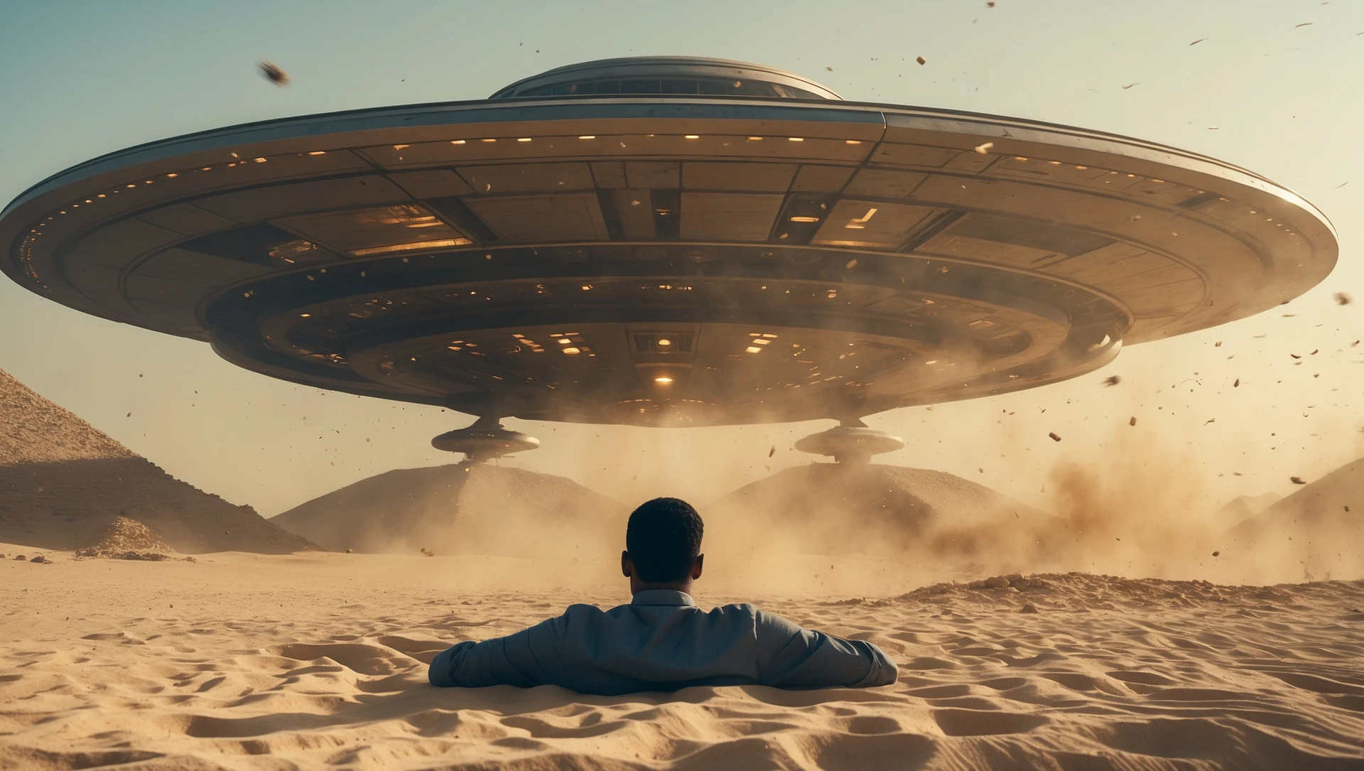 cinematic still, documentary photography, acient egypt, back shot of a man on ground laying front of ufo starship, sand flying around, dynamic scane, leading lines, captured by arri alexa emoji