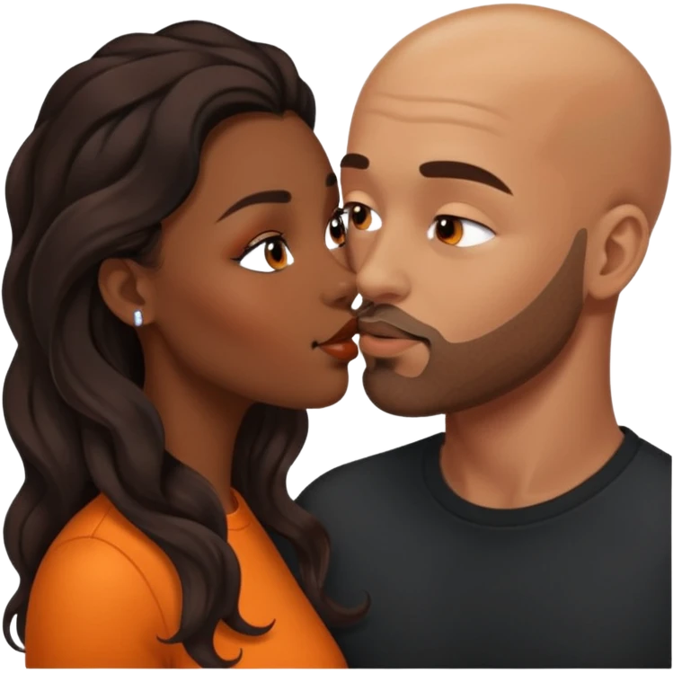 ebony black women with long brown/black balayage wavy hair.  kissing bald white man. White man has orange facial hair emoji