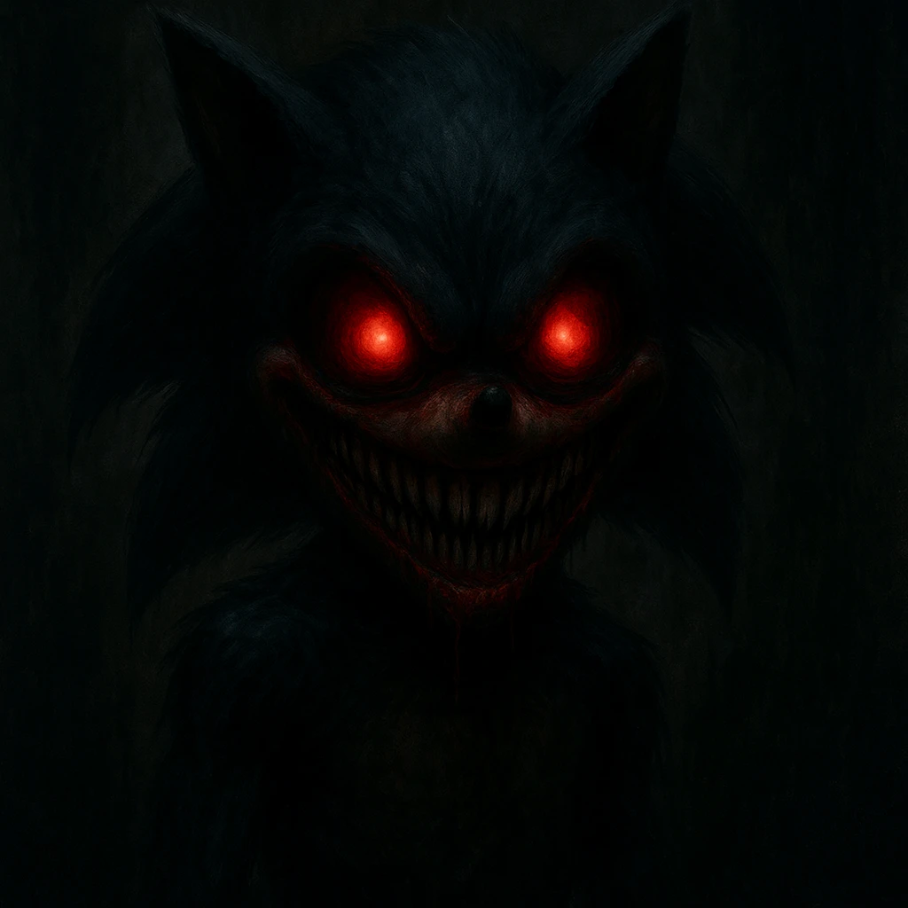 scary Sonic.exe character, horror style, glowing red eyes, menacing grin, dark atmosphere emoji