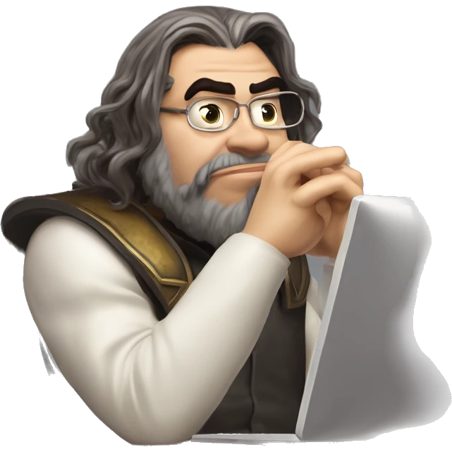 Warcraft geeky computer whispering Steve Wozniak in Marvel Avengers style, oil paint, mysterious eyes, intricate lips, masterpiece pose, odd perspective, beautiful, desirable, logical emoji