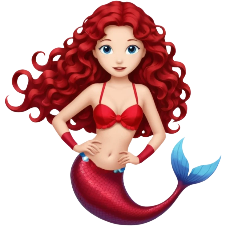 A thin mermaid with long curly brown hair with fair skin and blue eyes, with a red bra and a red fin in an elegant pose emoji