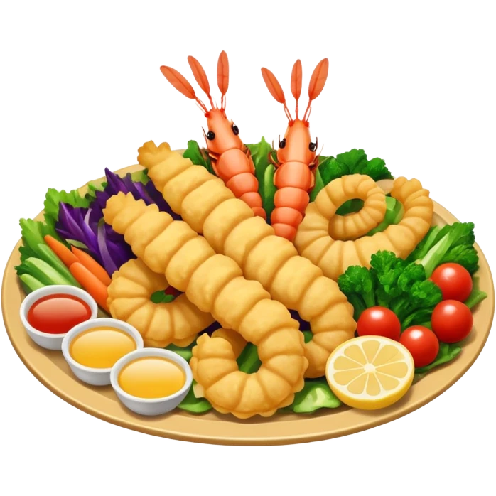 tempura platter emoji, shrimp and assorted vegetables, extra crunchy, light batter, vibrant colors emoji