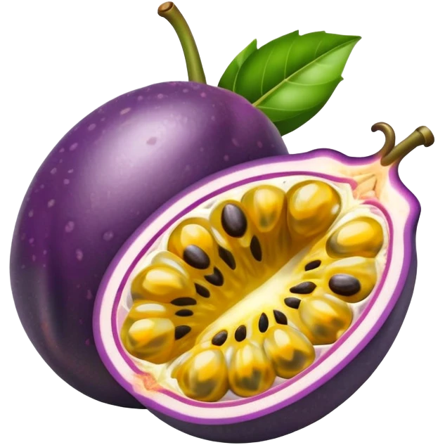passion fruit, purple outer skin with yellow juicy flesh and black seeds emoji