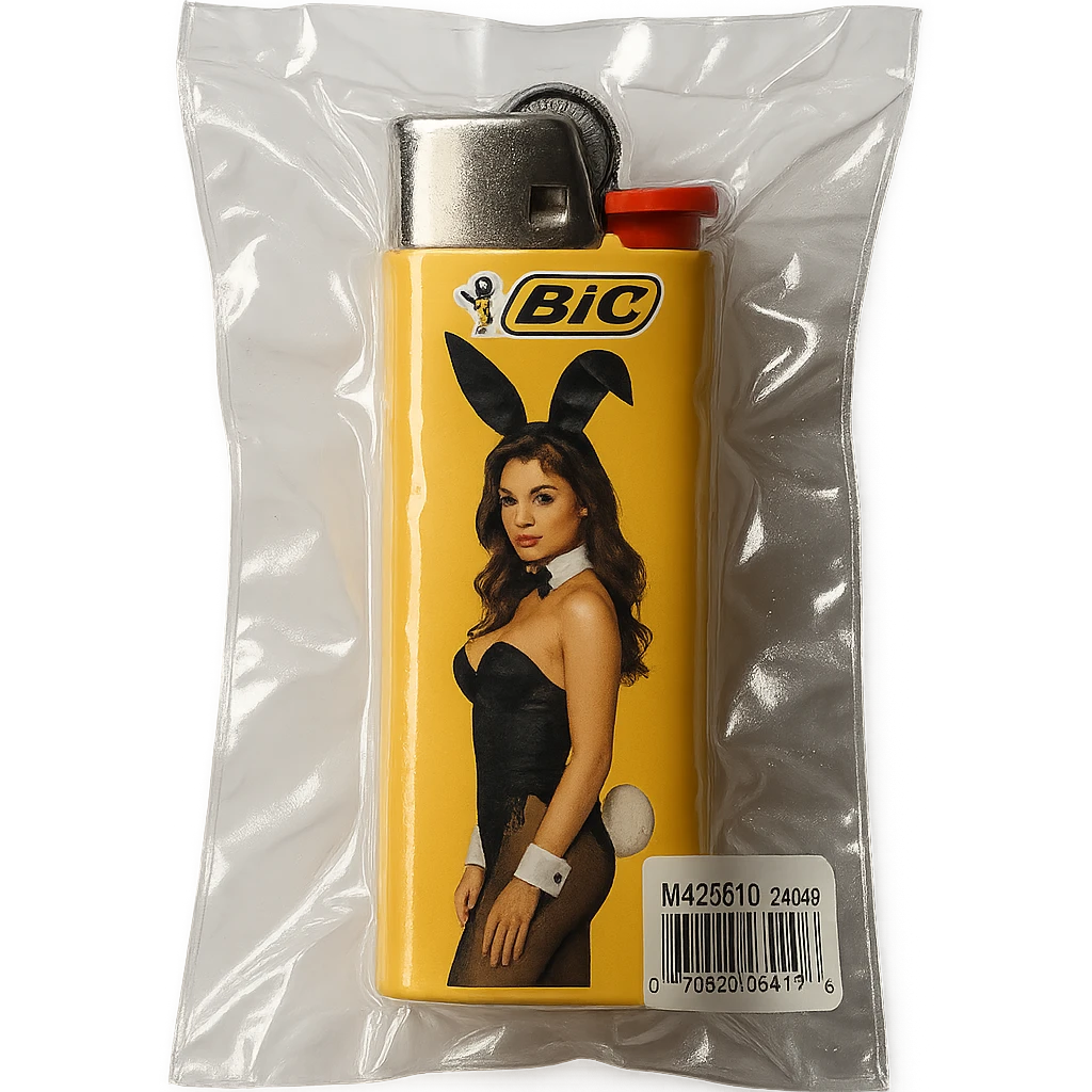 BIC lighter in vacuum-sealed style, glossy, with a classic BIC design and a Playboy model in bunny costume emoji