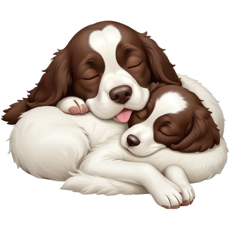 Meme-Worthy Cute Sleeping Springer Spaniel Portrait Emoji, Head resting peacefully with a contented smile, showcasing a delightfully agile build and a luxuriously soft liver and white Fur, eyes shut in a serene nap, Simplified yet hilariously adorable features, highly detailed, glowing with a soft, drowsy light, high shine, relaxed and utterly lovable, stylized with an air of playful laziness, bright and heartwarming, soft glowing outline, capturing the essence of a comically sleepy companion, so meme-worthy it feels like it could instantly become the next viral sensation of adorable slumber! emoji