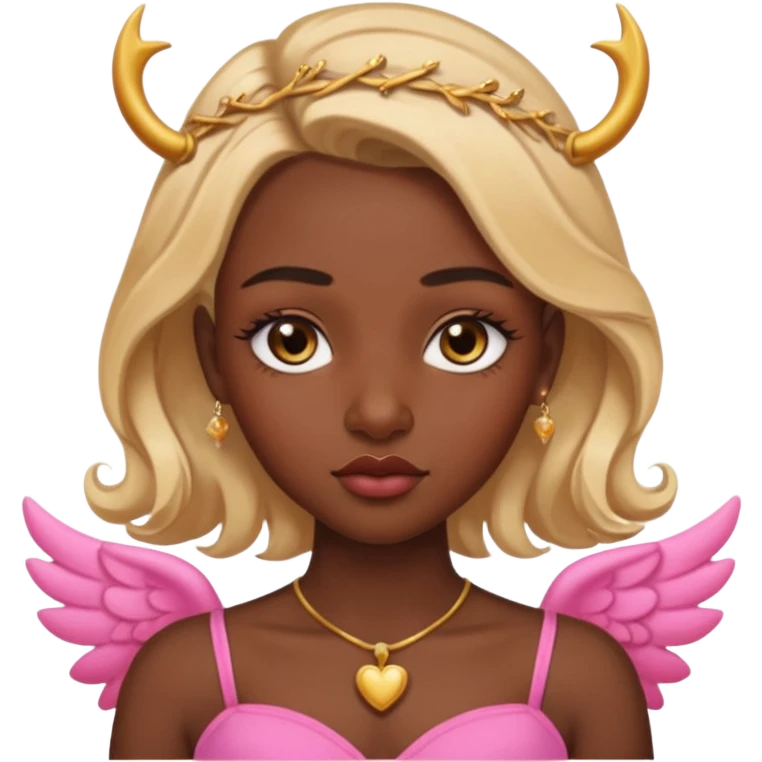 darkskin female with eyebrows that are naturally shaped and frame eyes well, eyes that are almond-shaped with defined lashes. nd lips are full with a defined cupid’s bow, add also a septum piercing that adds an edgy, stylish flair. a middle-part, honey blonde bust-down with laid baby hairs 
 emoji
