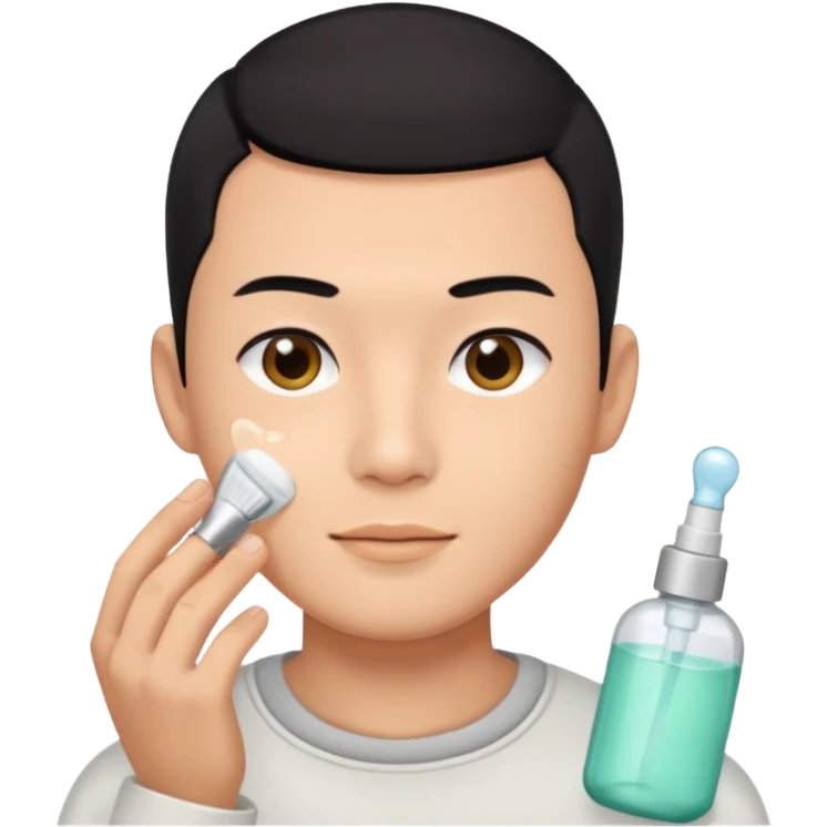 chinese man with buzz cut (black hair) doing skincare emoji